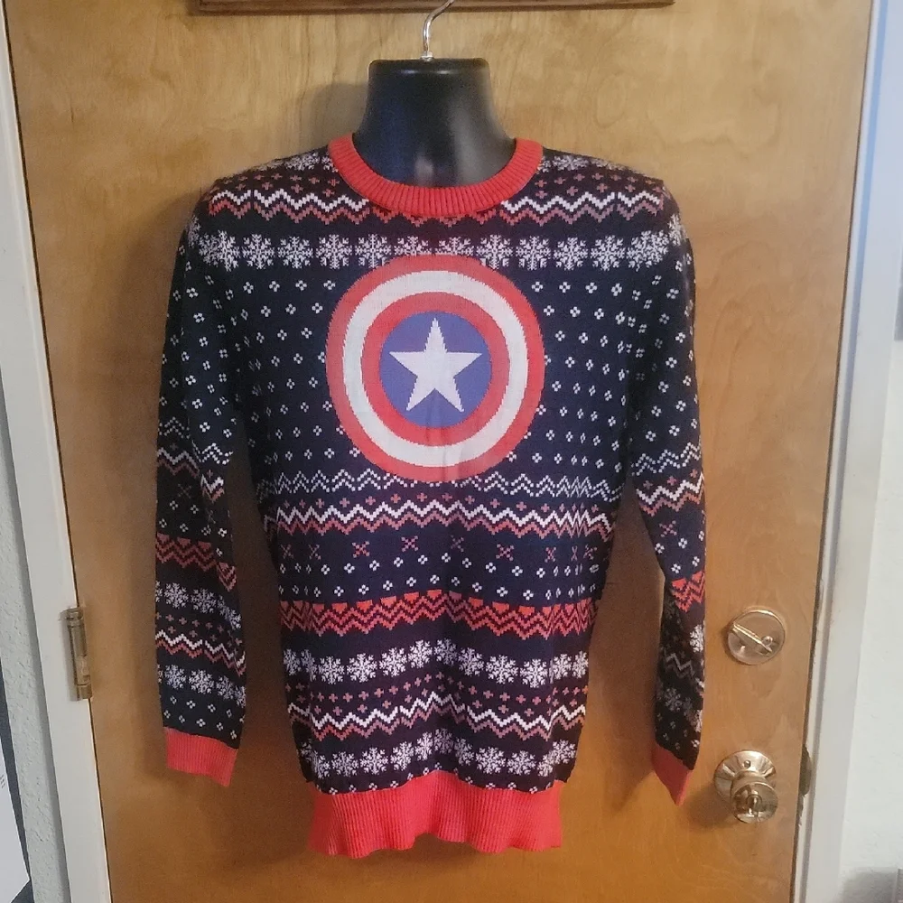 Marvel Captain America Themed Men's Sweater - Red and Blue Size Medium - Picture 1 of 5